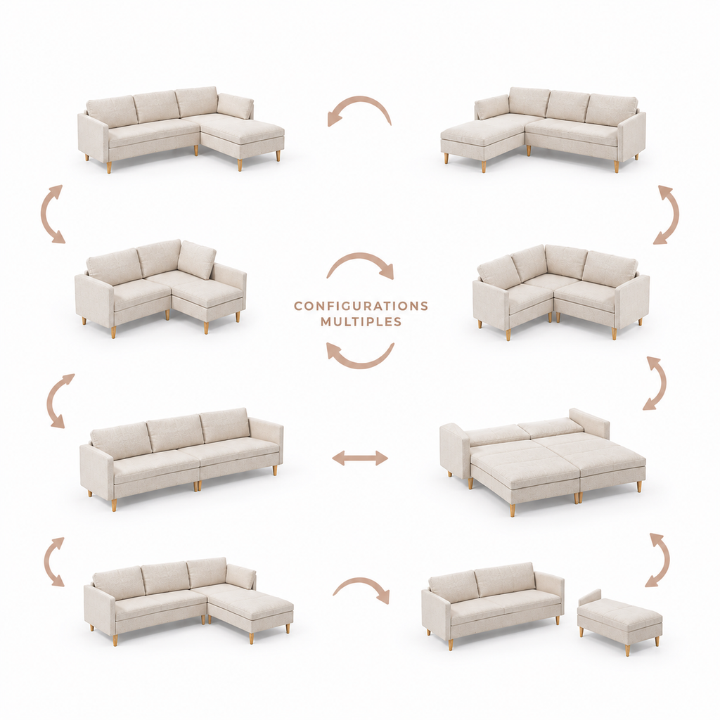 Canapé 3 places angle modulable avec méridienne – Configuration réversible