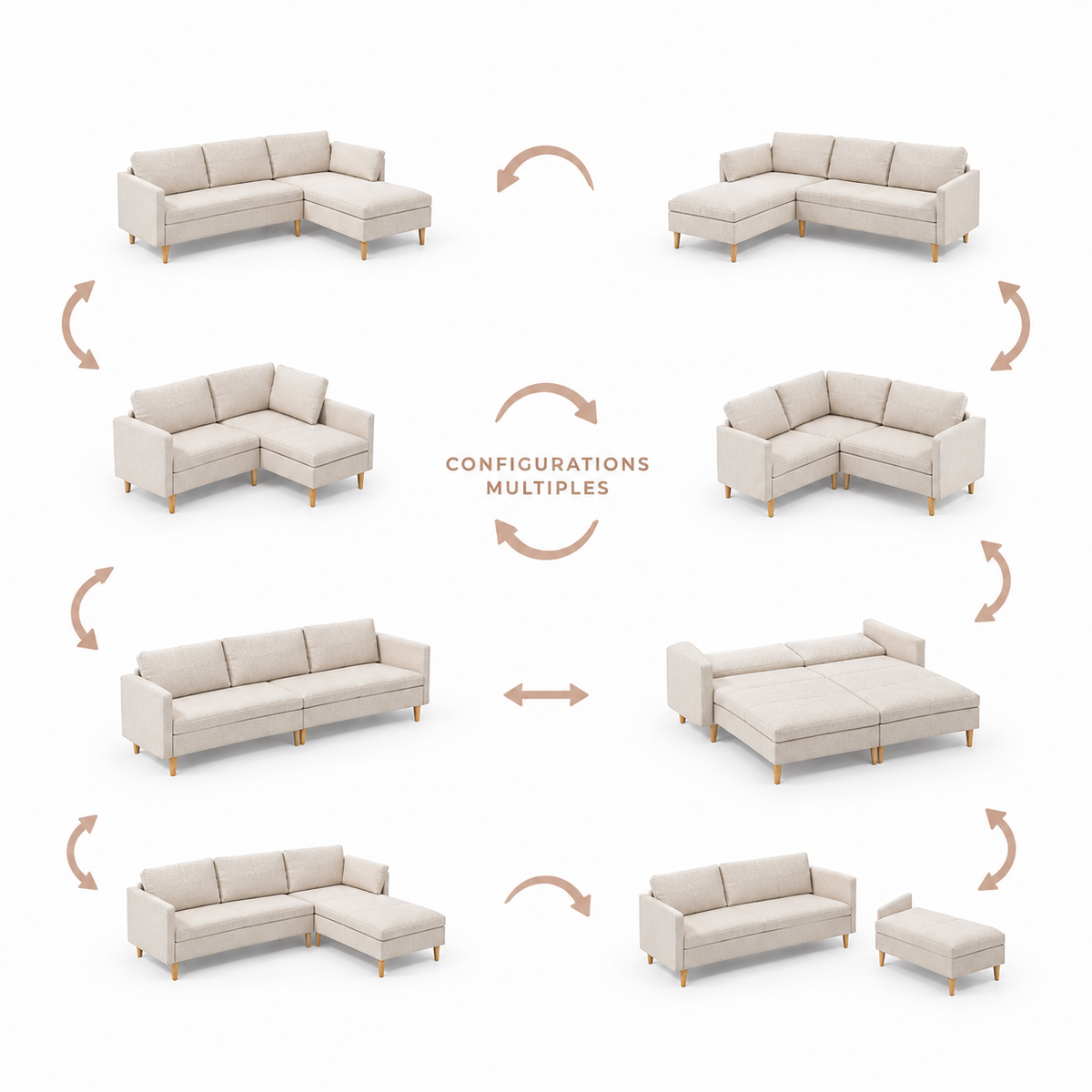 Canapé 3 places angle modulable avec méridienne – Configuration réversible