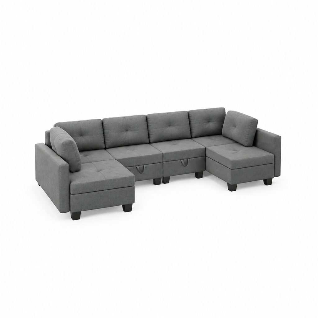 Canapé Panoramique 4 Places Modulable en Tissu Gris – Assises Déplaçables