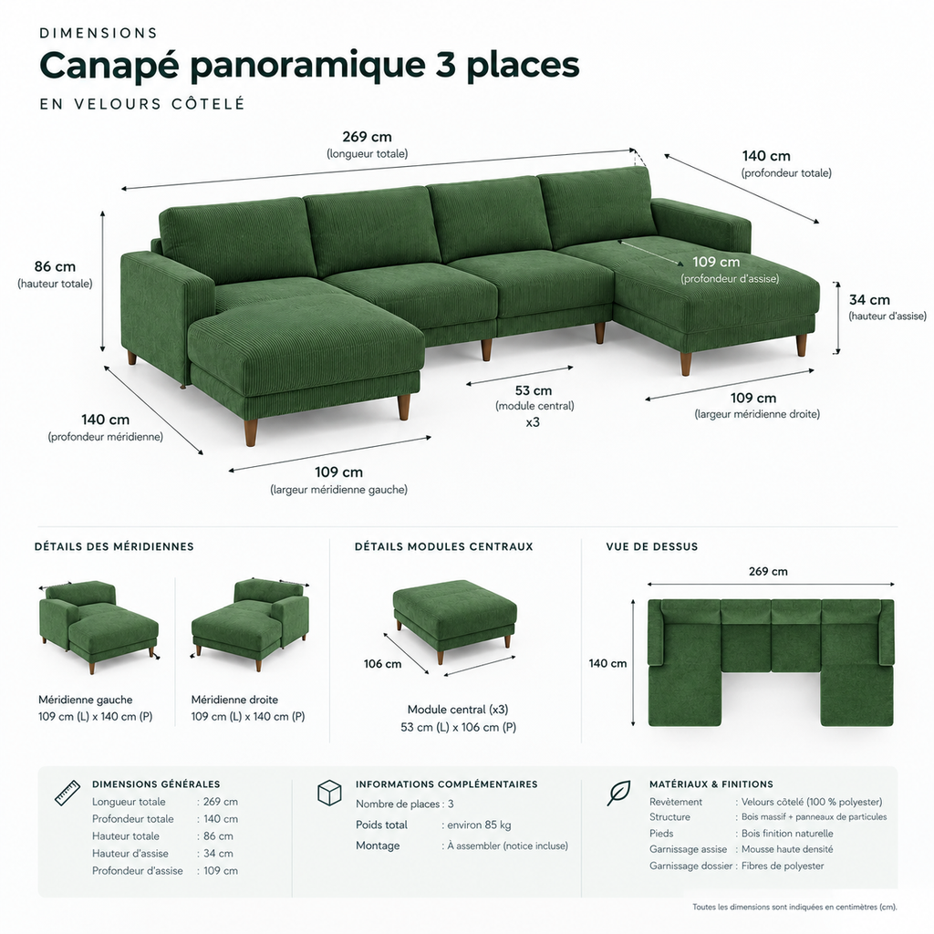 Canapé panoramique 3 places en velours côtelé – méridiennes symétriques