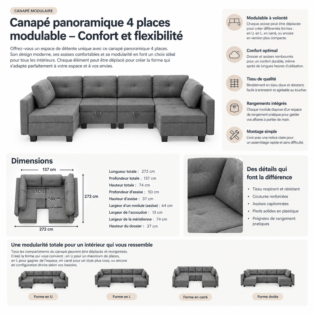 Canapé Panoramique 4 Places Modulable en Tissu Gris – Assises Déplaçables