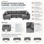 Canapé Panoramique 4 Places Modulable en Tissu Gris – Assises Déplaçables
