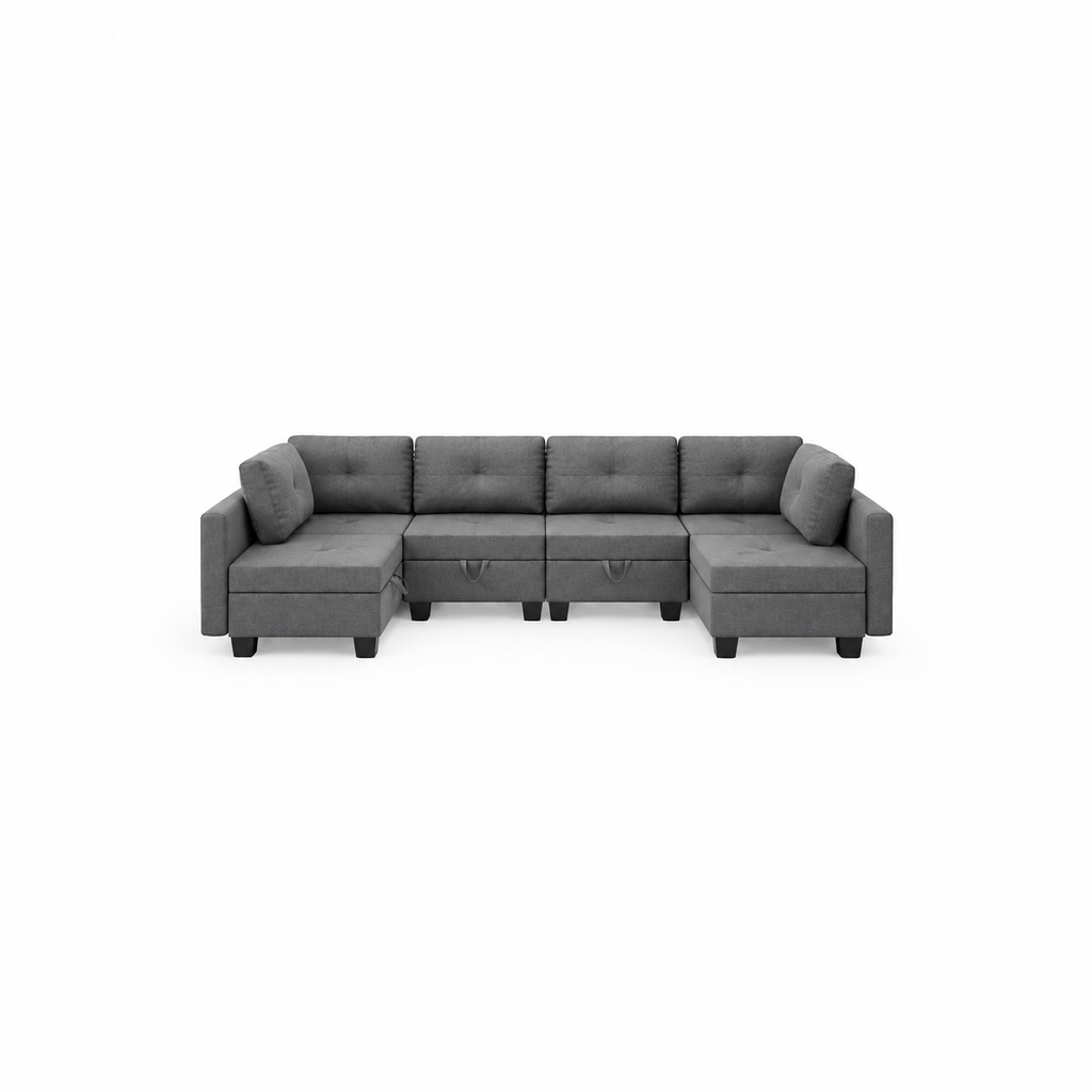 Canapé Panoramique 4 Places Modulable en Tissu Gris – Assises Déplaçables